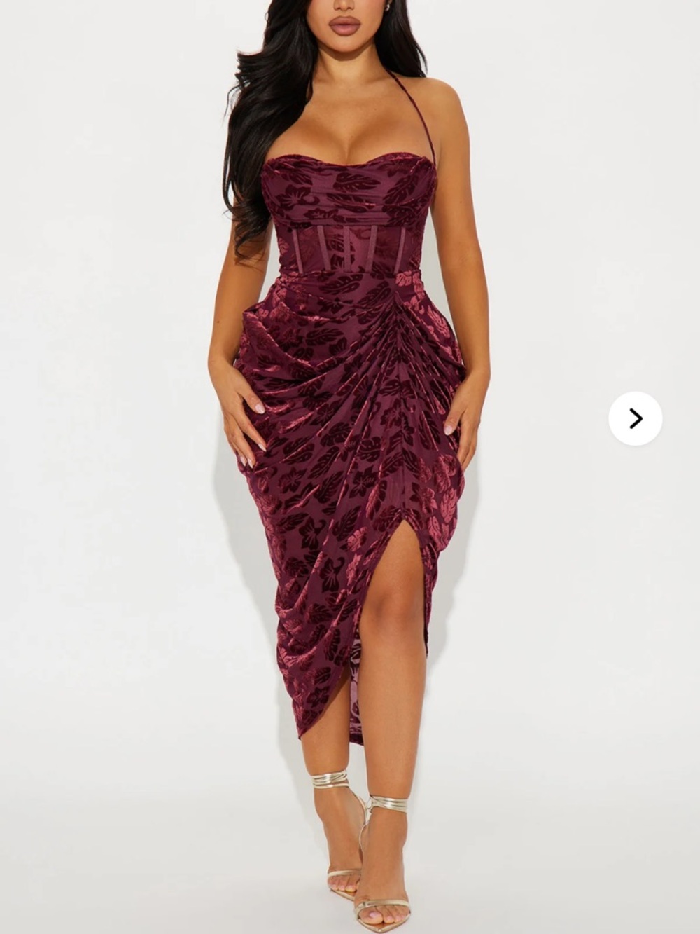 NWT Wine Burgundy Velvet Draped Midi Dress with Corset Bodice S Prom Formal